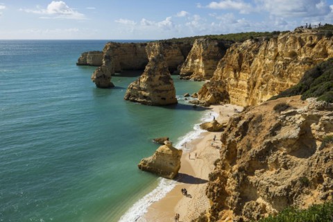 Beach and coloured rocks, Praia da Marinha, Carvoeiro, Algarve, Portugal, Europe