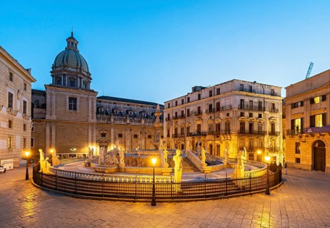 Praetorian Fountain by night, Piazza Pretoria, Palermo, Sicily, Italy, Europe