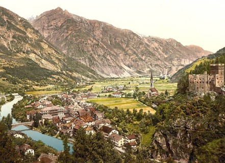 Landeck in Tyrol, Austria, Historical, digitally restored reproduction from a 19th century