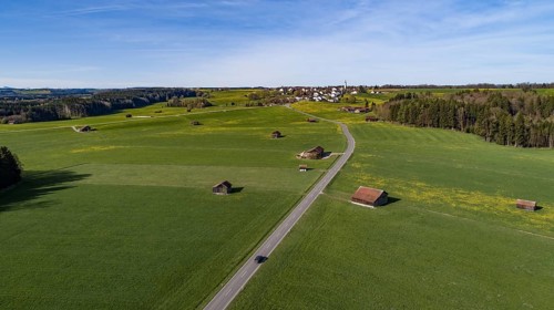 Aerial view of the foothills of the Alps near Mindelheim in spring, Allgäu, Bavaria, Germany,