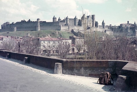 View of hilltop castle medieval citadel Carcassonne, France c 1960 fortified city department of