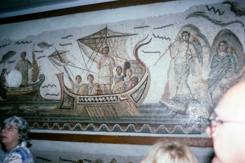 National Museum Bardo, Tunis, Tunisia 1998 Tour group looking at Roman mosaics, Odysseus in a ship