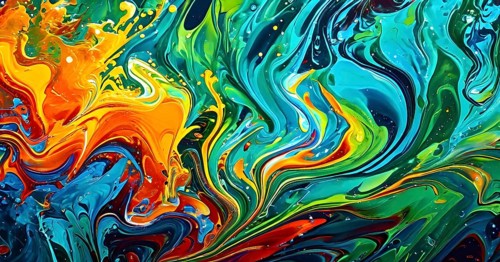 Dynamic abstract background with swirling liquid patterns and colorful light refraction, creating a