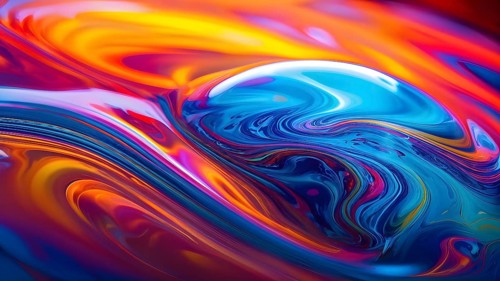 Dynamic abstract background with swirling liquid patterns and colorful light refraction, creating a