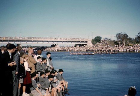 Crowds of spectators at the Henley Regatta, Yarra River, Melbourne, Victoria, Australia 1956