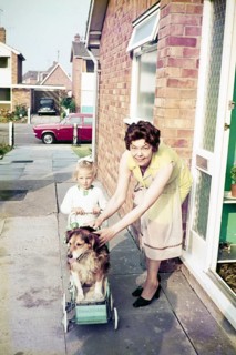 Young girl pushing her dog in a Comfifolda pram from the 1970s, Great Britain