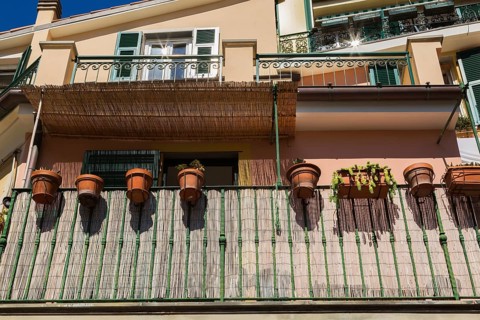 Residential apartment building facade with plants in terracotta containers attached to balcony