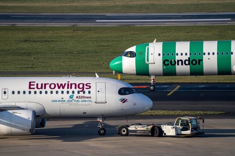 Düsseldorf Airport, Condor and Eurowings aircraft on the apron, taxiway, North Rhine-Westphalia,