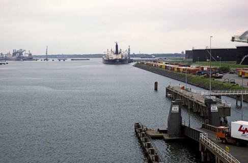 Quay of the North Sea ferry terminal, harbour of Rotterdam, Netherlands, around 1987