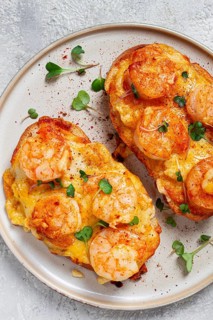 Sandwiches with shrimp and cheese, baked in the oven, with microgreens, breakfast, homemade, no