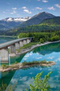 Bridge over the Sylvensteinsee in spring, Bavaria, Germany, Europe