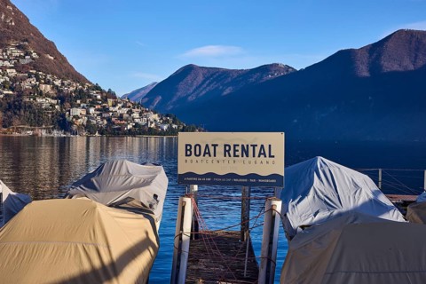 Boat hire, lake, mountains, blue sky, Lake Lugano, Lugano, district of Lugano, canton of Ticino,