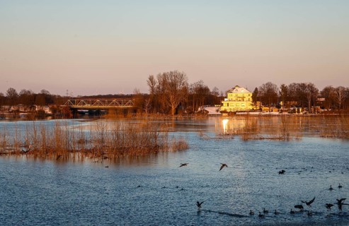 Wesel, North Rhine-Westphalia, Germany - Sunny winter landscape in the Ruhr area, ice and snow on