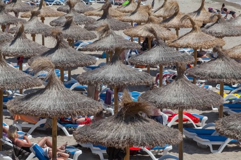 Summer beach with deckchairs and straw parasols, Majorca, Balearic Islands, Spain, Europe