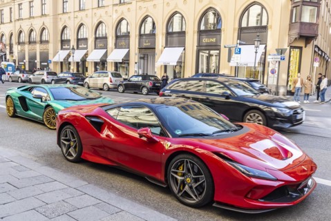 Maximilianstraße Munich on a normal Saturday, Ferrari and other luxury cars on the sophisticated