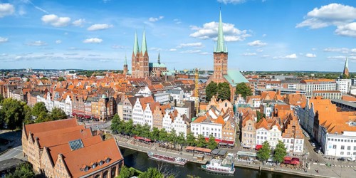 Lübeck old town with river Trave aerial view panorama in the Hanseatic city of Lübeck, Germany,