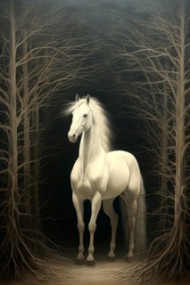 White horse in an imaginary forest, 19th century style, AI generated