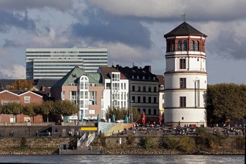 Castle tower and flight of steps on Burgplatz, banks of the Rhine, Düsseldorf Old Town, Düsseldorf,