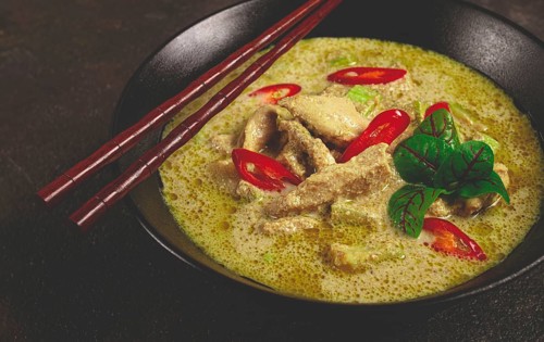 Green curry with chicken, traditional Thai cuisine, Asian food, homemade, no people