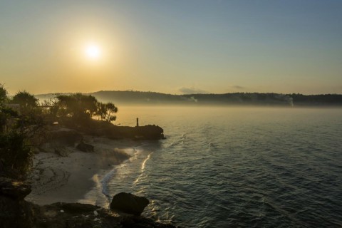 Bay of Nusa Lembongan in the morning, haze, morning mist, beach, bay, sea bay, coastal landscape,