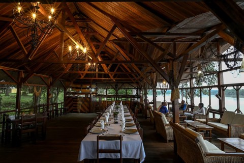 Restaurant at Doli Lodge on the Sangha River, blue hour, Bayanga, Sangha-Mbaéré Prefecture, Central