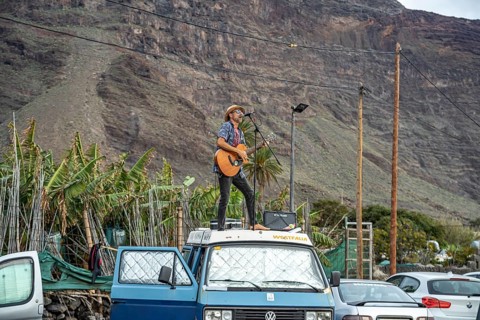 Street musician on car roof, Valle Gran Rey, La Gomera, Canary Islands, Spain, Europe
