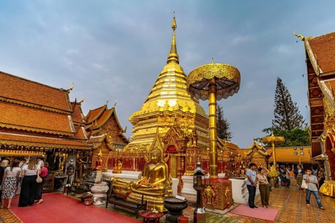 Golden Chedi of the Buddhist temple complex Wat Phra That Doi Suthep, landmark of Chiang Mai,