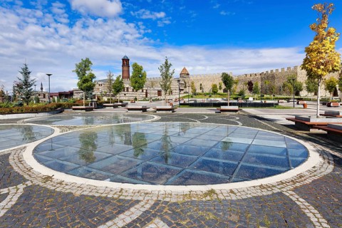 Reflections in the glass grounded Kale city park and Erzurum byzantine castle, Anatolia, Turkey,