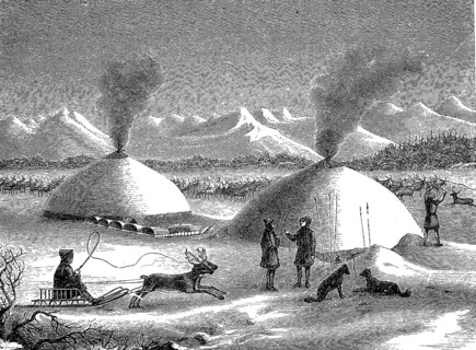 Village of the Koryaks, a people on the Kamchatka peninsula in the far east of Russia, 1870,