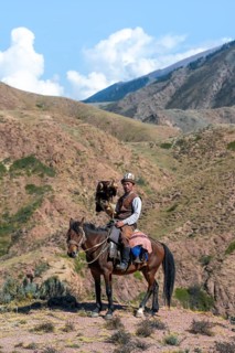Traditional Kyrgyz eagle hunter with eagle in the mountains, hunting on horseback in front of dry