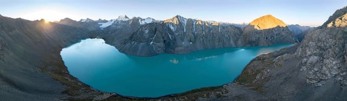 Mountain panorama, aerial view, 4000 metre peak with glacier, mountain pass and mountain lake