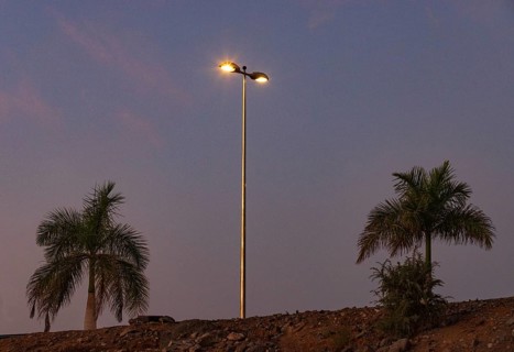 Dawn with street lantern and palm tree, Maspalomas, Gran Canaria, Canary Islands, Spain, Europe