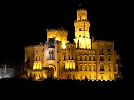 Illuminated castle at night. Hluboká is a historic château situated in Hluboká nad Vltavou. and is