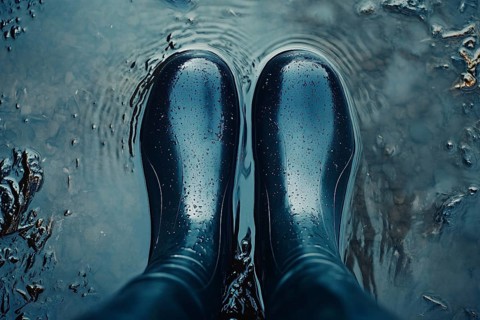 Top view of person's feet in rubber boots standing in flood water. Generative AI, AI generated