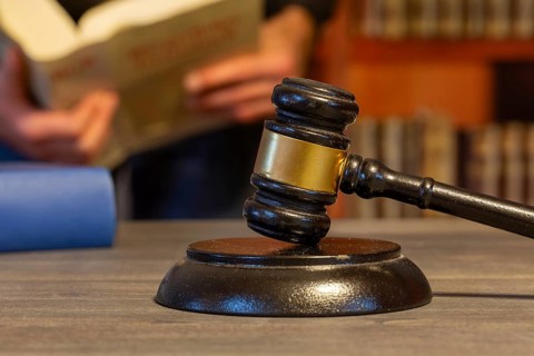 Close-up of a judge's gavel, in the background a man reads a law book (symbolic image)