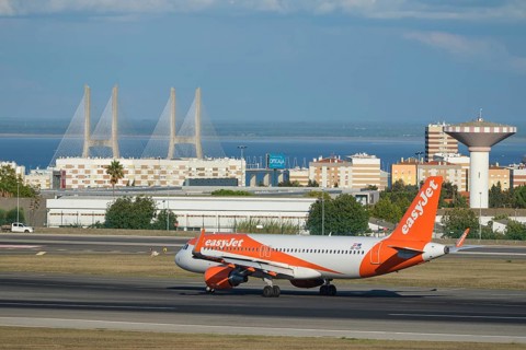 Lisbon, Portugal - September 2, 2023: easyJet Airbus A320-214 passenger plane taxi on runway in