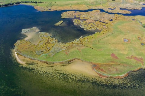Aerial view over the Salzhaff, formed by the island of Poel and shallow bay of the Baltic Sea near