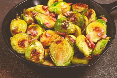 Roasted brussels sprouts, with bacon, vegetarian food, homemade, no people