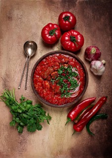 Chashushuli, a traditional Georgian dish, spicy, stewed meat with tomatoes and spices, homemade, no