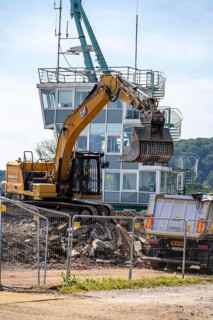 Demolition of the regatta grandstand at Lake Baldeney, in Essen, regatta tower remains standing,