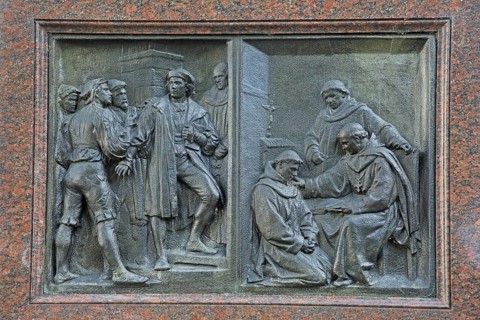 Relief with life story of Martin Luther, entry into the monastery as a monk, figures, history,