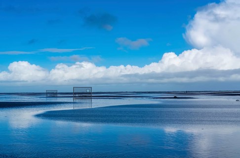 Football pitch, football field, Tor tor, on the beach, tidal creek, in the west of Borkum, island,