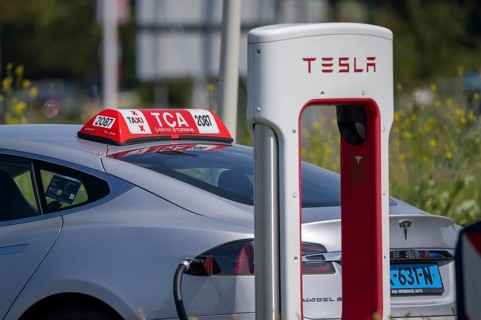 Fast charging station for e-cars, taxis at Amsterdam Schiphol Airport, Netherlands