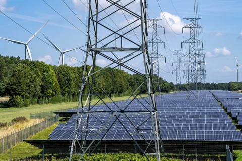 High-voltage power line route, the space underneath is used for a solar park over 5 km long, behind
