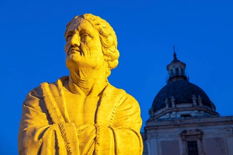 Statue close-up by night, Praetorian Fountain or Fontana Pretoria, Palermo, Sicily, Italy, Europe