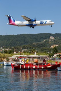 An ATR 72-600 Sky Express aircraft with the registration SX-SVT at Skiathos Airport, Greece, Europe