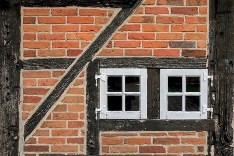Half-timbered structure of a historic watermill, window, Asbeck, Legden, Münsterland, North