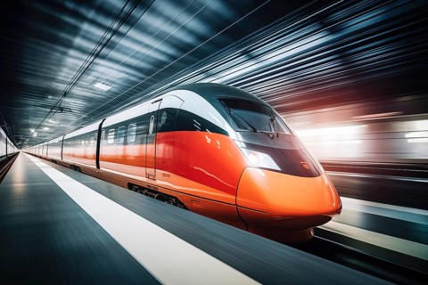Modern high speed train in a futuristic train station. Modern transportation technology, speed,
