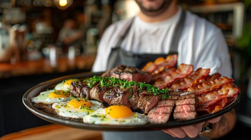 Man holding out A plate filled with steak, bacon and eggs. generative AI, AI generated