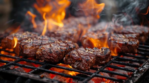 Several beef steaks sizzling on the BBQ. generative AI, AI generated